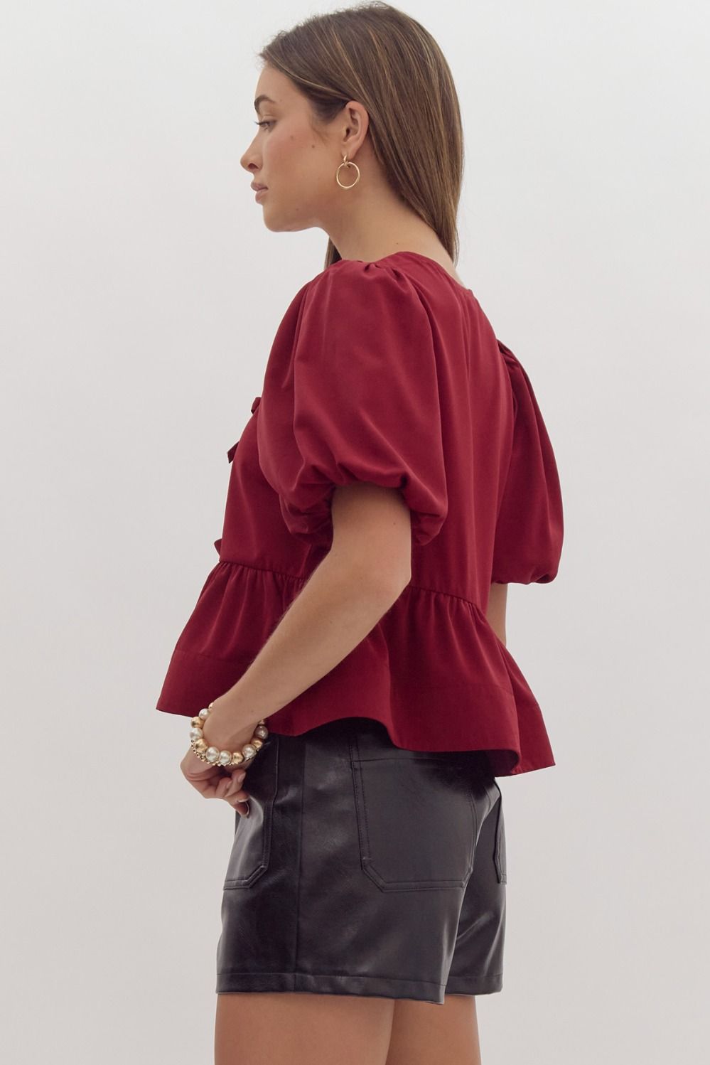 Burgandy Short Puff Sleeve Peplum Top