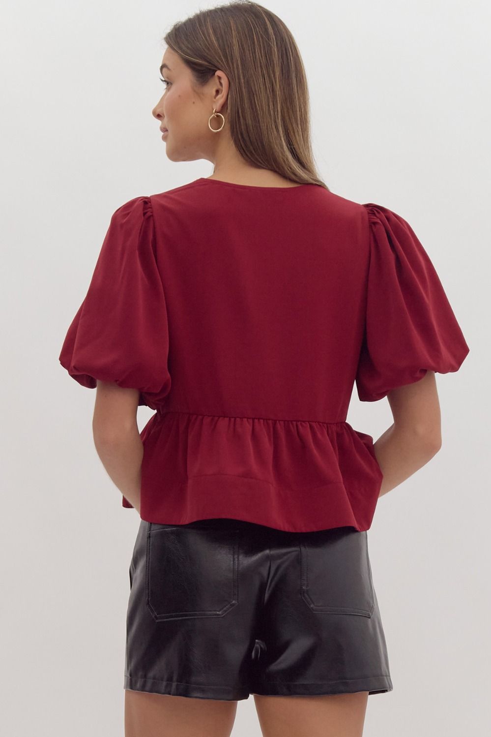 Burgandy Short Puff Sleeve Peplum Top