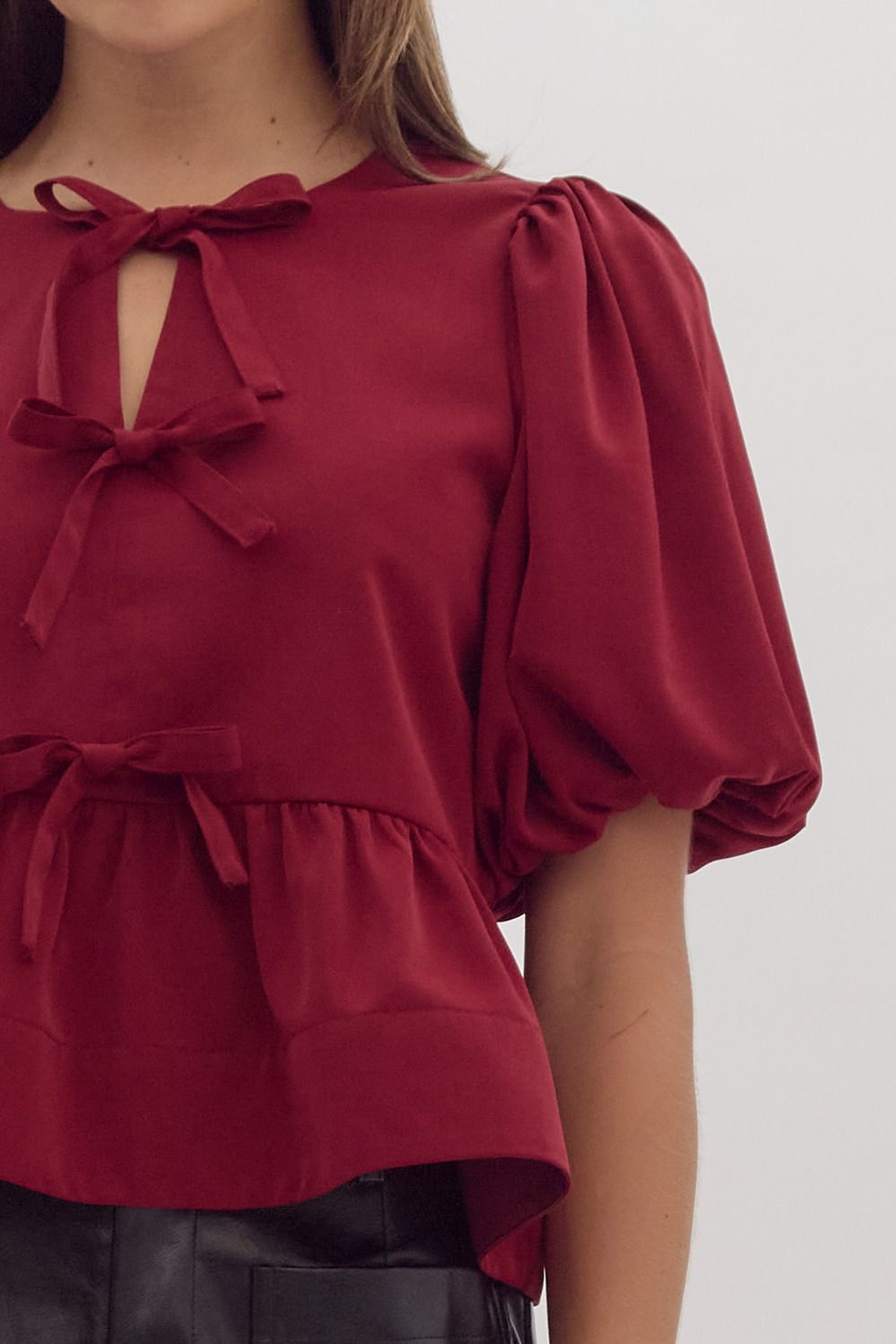 Burgandy Short Puff Sleeve Peplum Top