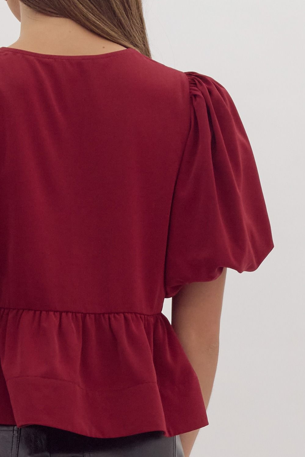 Burgandy Short Puff Sleeve Peplum Top