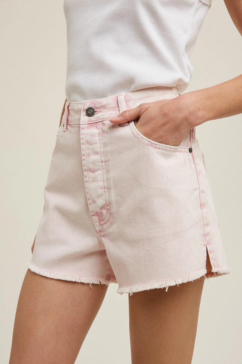 BUBBLEGUM COTTON DENIIM SHORTS WITH DISTRESSED DETAIL