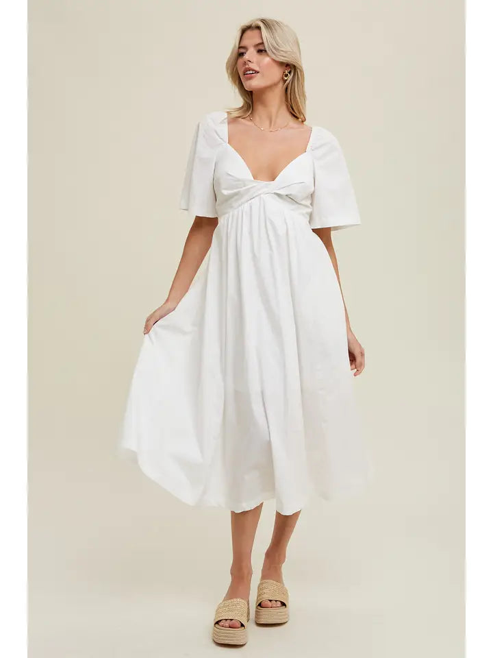 WHITE POPLIN COTTON MIDI DRESS WITH FRONT TWIST