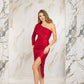 ONE SHOULDER SEQUIN MIDI DRESS - DARK RED