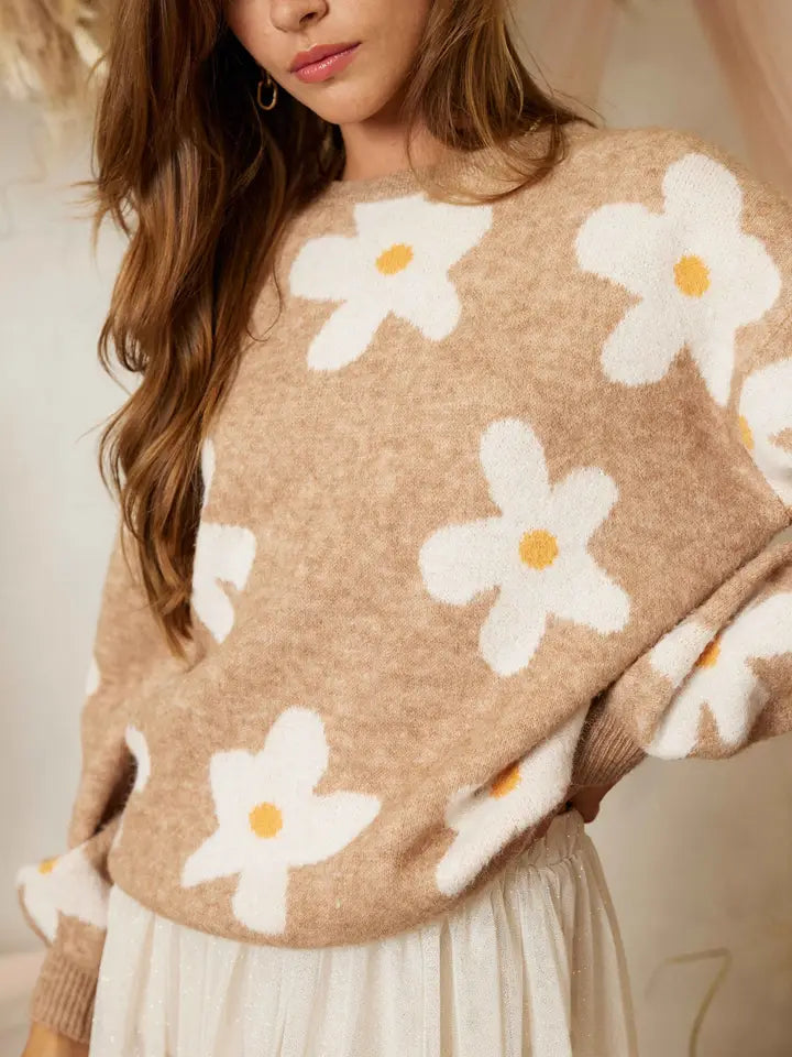 Flower Pattern Sleeve Puff Sweater