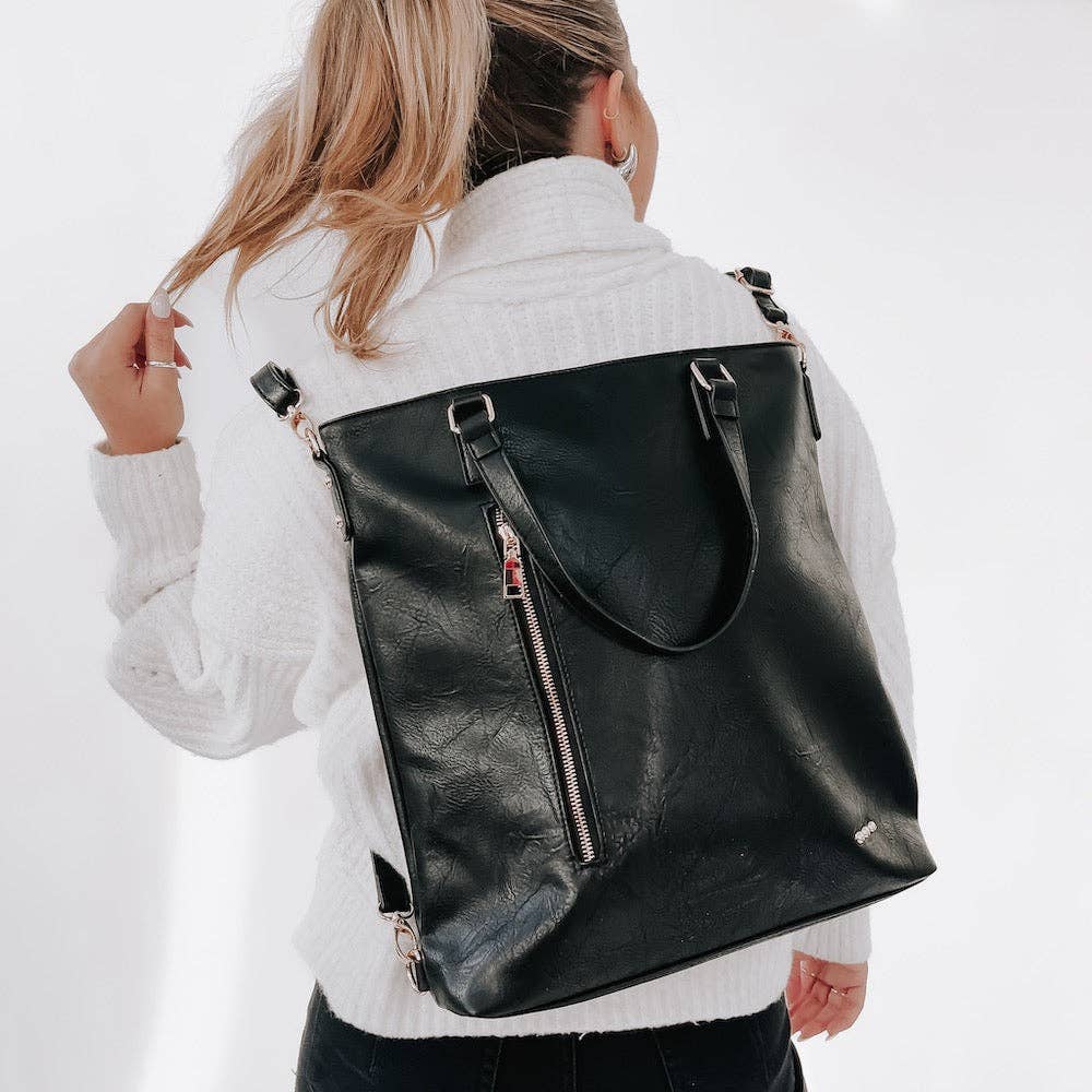 Black Upper East Side Vegan Leather Backpack & Crossbody Tote Bag