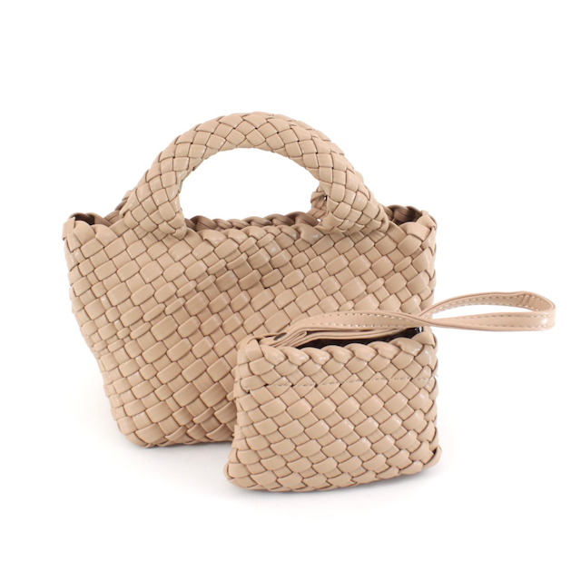 Small Woven Tote Crossbody Bag w/Cosmetic Pouch - Beige