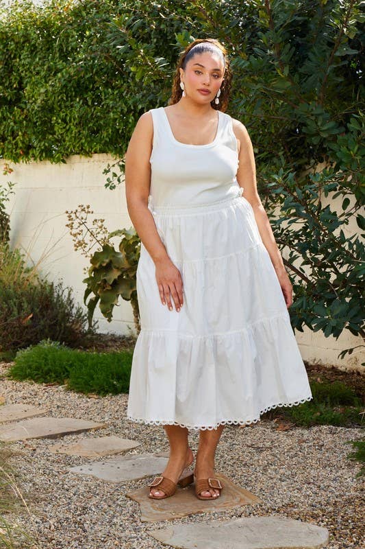 Plus Size Sleeveless Knit Tank Poplin Skirt Mixed Media Dress - White