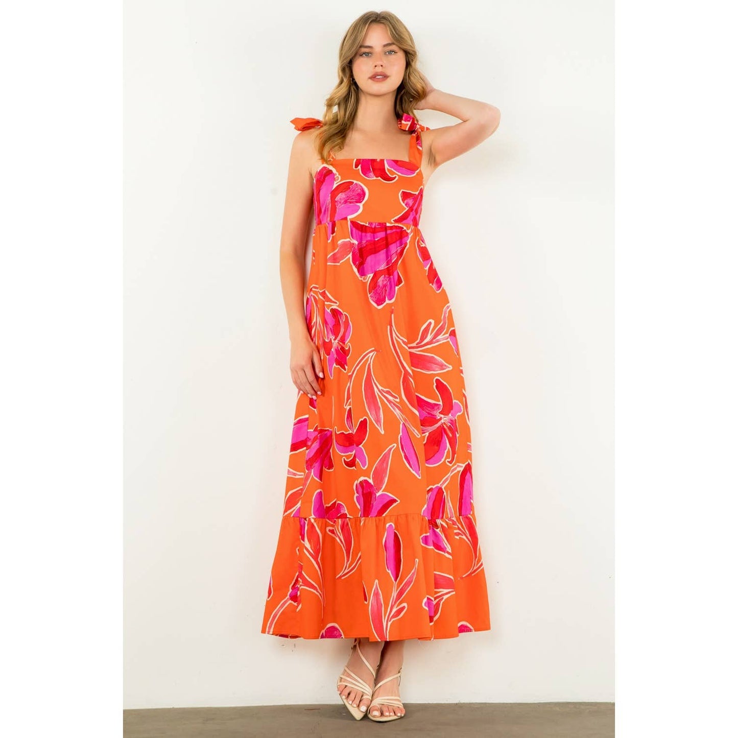THML Tie Strap Floral Print Maxi Dress
