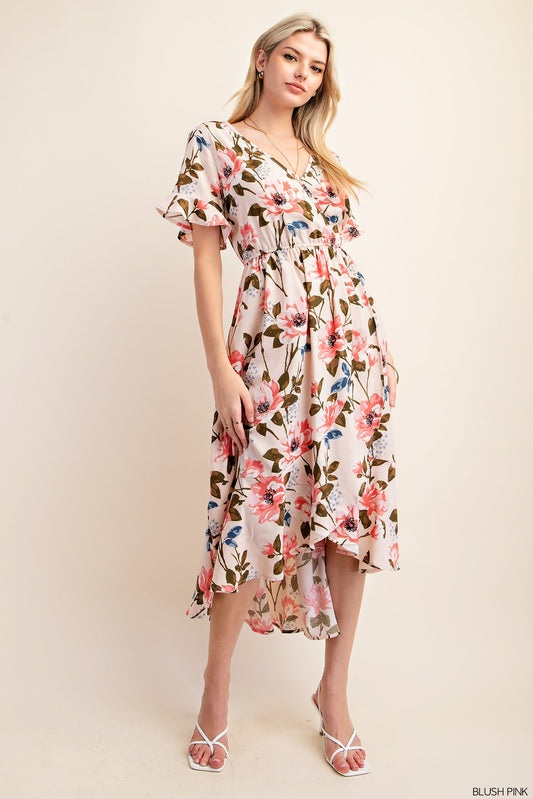 FLORAL V NECK HIGH LOW ELASTIC WAIST MIDI DRESS - BLUSH PINK