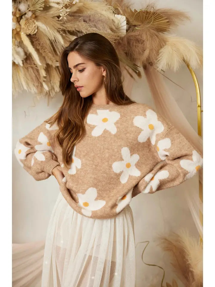 Flower Pattern Sleeve Puff Sweater