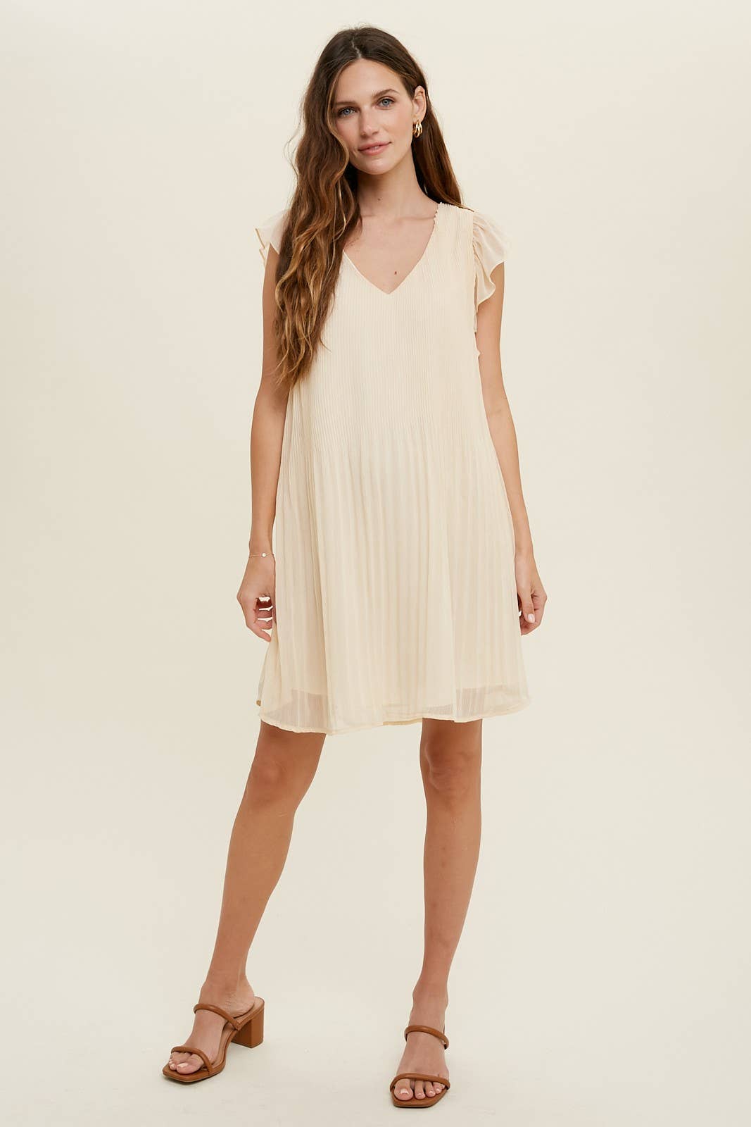 PLEATED SHIFT MINI DRESS WITH RUFFLE SLEEVE - CHAMPAGNE