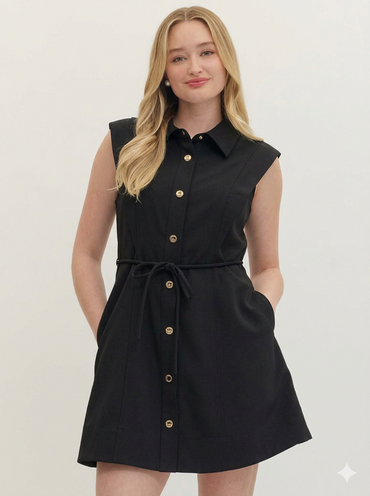 Gold button, Sleeveless, collared dress - Black