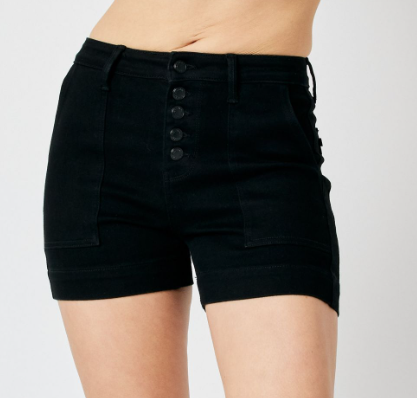 JUDY BLUE HIGH WAISTED BUTTON FLY TROUSE SHORTS - BLACK