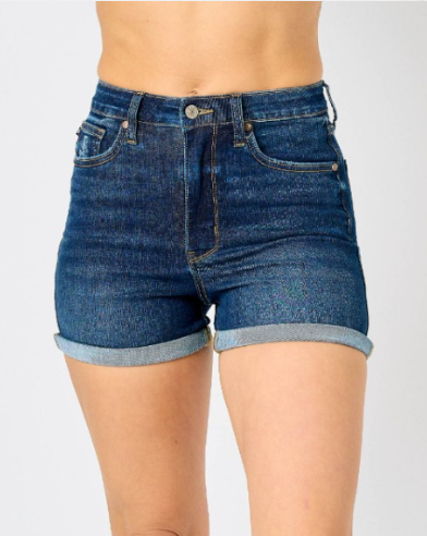 JUDY BLUE - HIGH WAIST TUMMY CONTROL DENIM SHORTS - DARK