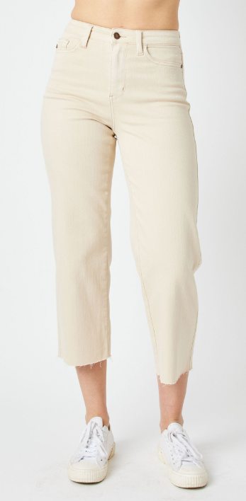 JUDY BLUE - HIGH WAISTED GARMET DYED CROP WIDE LEG PANT - BONE