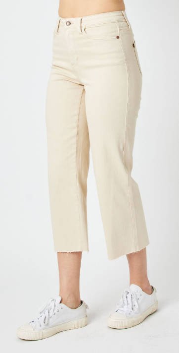 JUDY BLUE - HIGH WAISTED GARMET DYED CROP WIDE LEG PANT - BONE