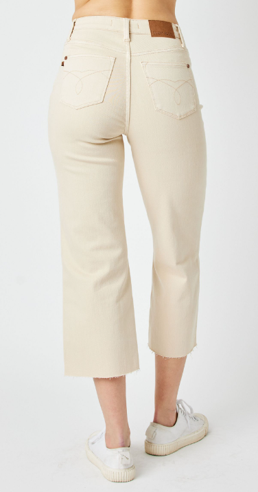 JUDY BLUE - HIGH WAISTED GARMET DYED CROP WIDE LEG PANT - BONE