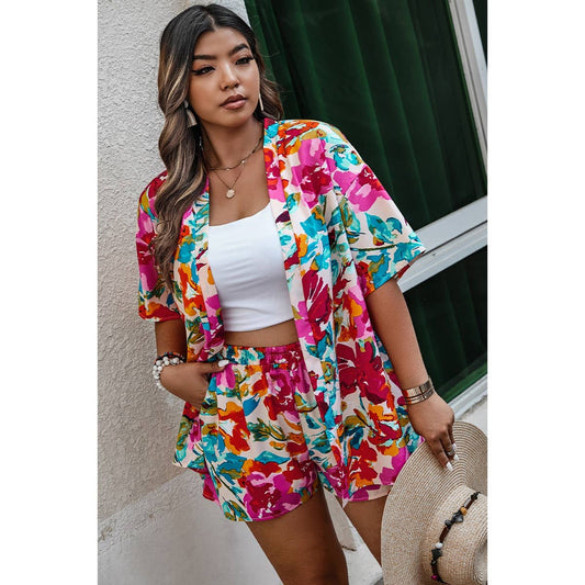 Plus Size Floral Print Open Front Shorts Set