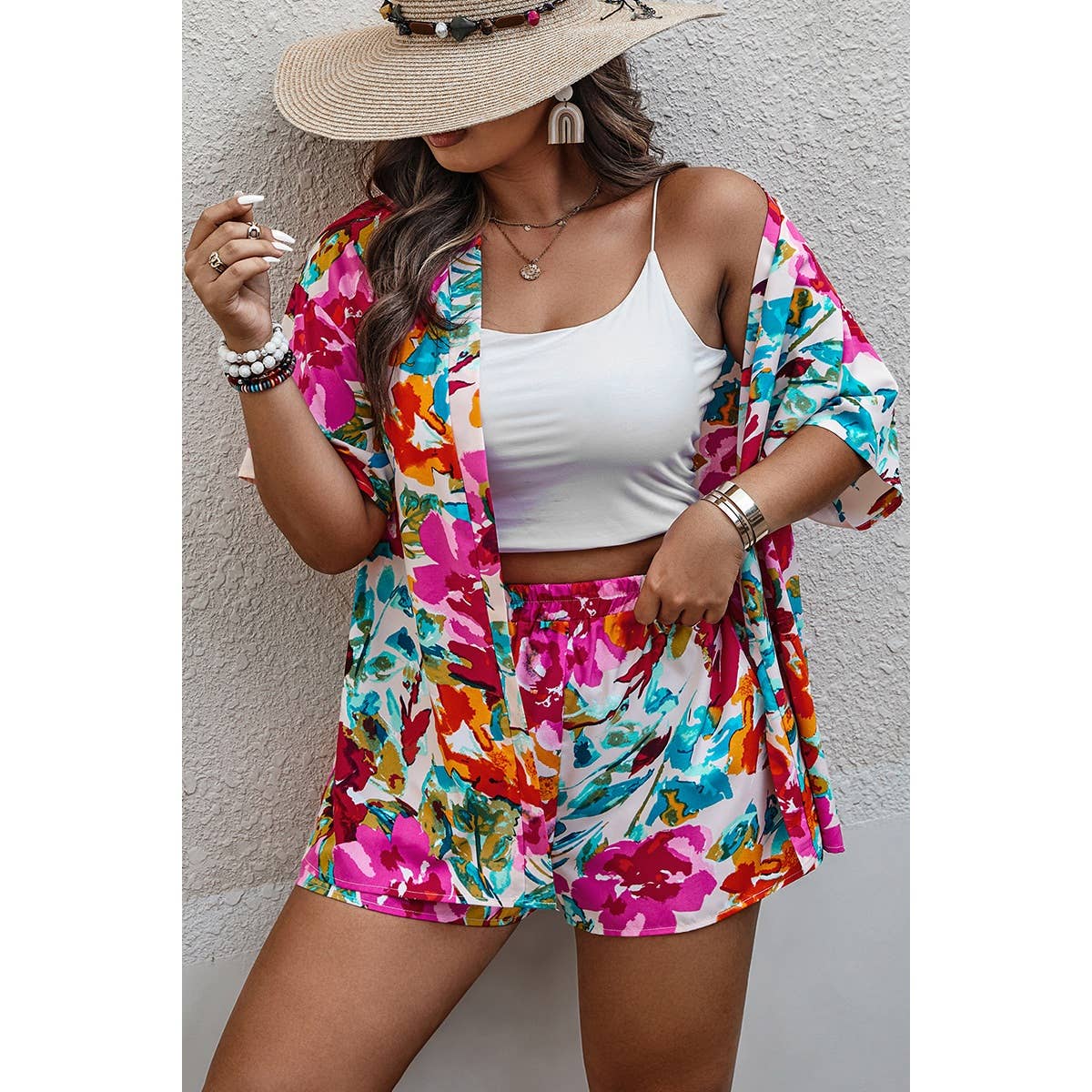 Plus Size Floral Print Open Front Shorts Set