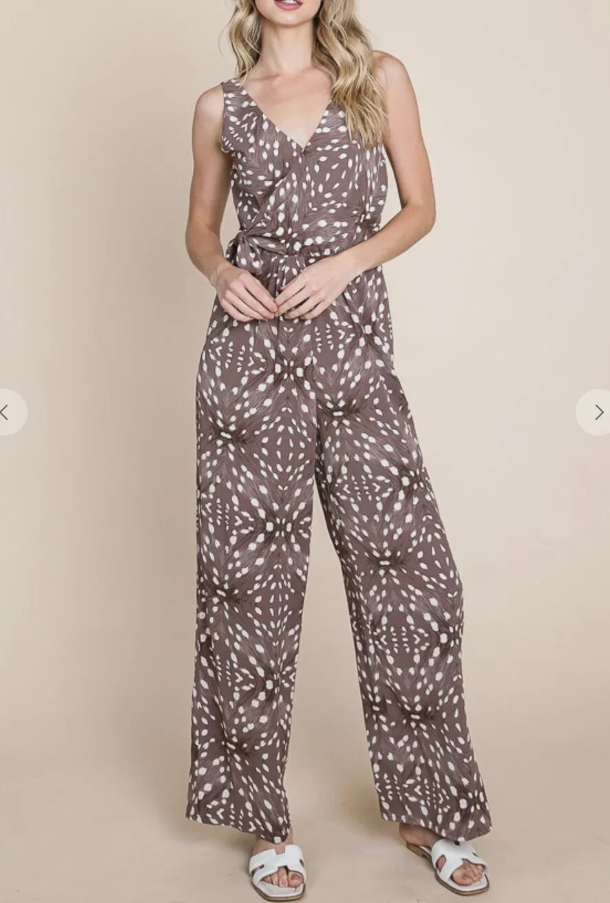 WOVEN SMOCKED BACK SLEEVELESS JUMPSUIT WITH FAUX WRAP