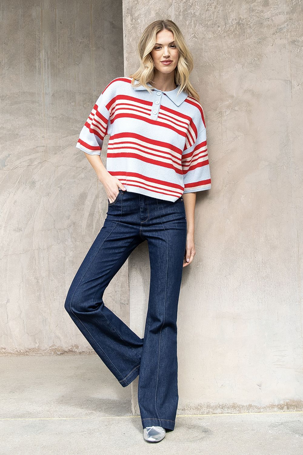 THML Striped Collared Sweater Top